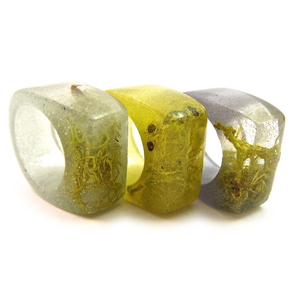 Rectangular Colored Spring Sparkle Moss Ring • Eco Resin Chunky Nature Glitter Ring