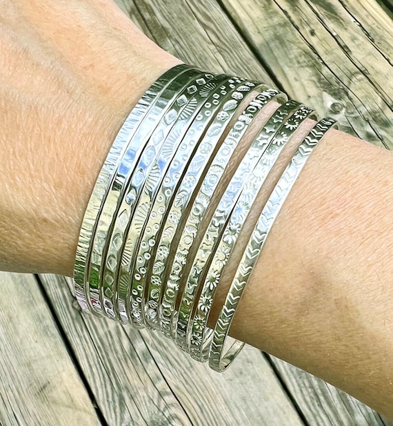 Sterling Silver Flat Patterned Bangle Stacking Bracelet Recycled Silver Eco Silver Boho Bangle Etsy