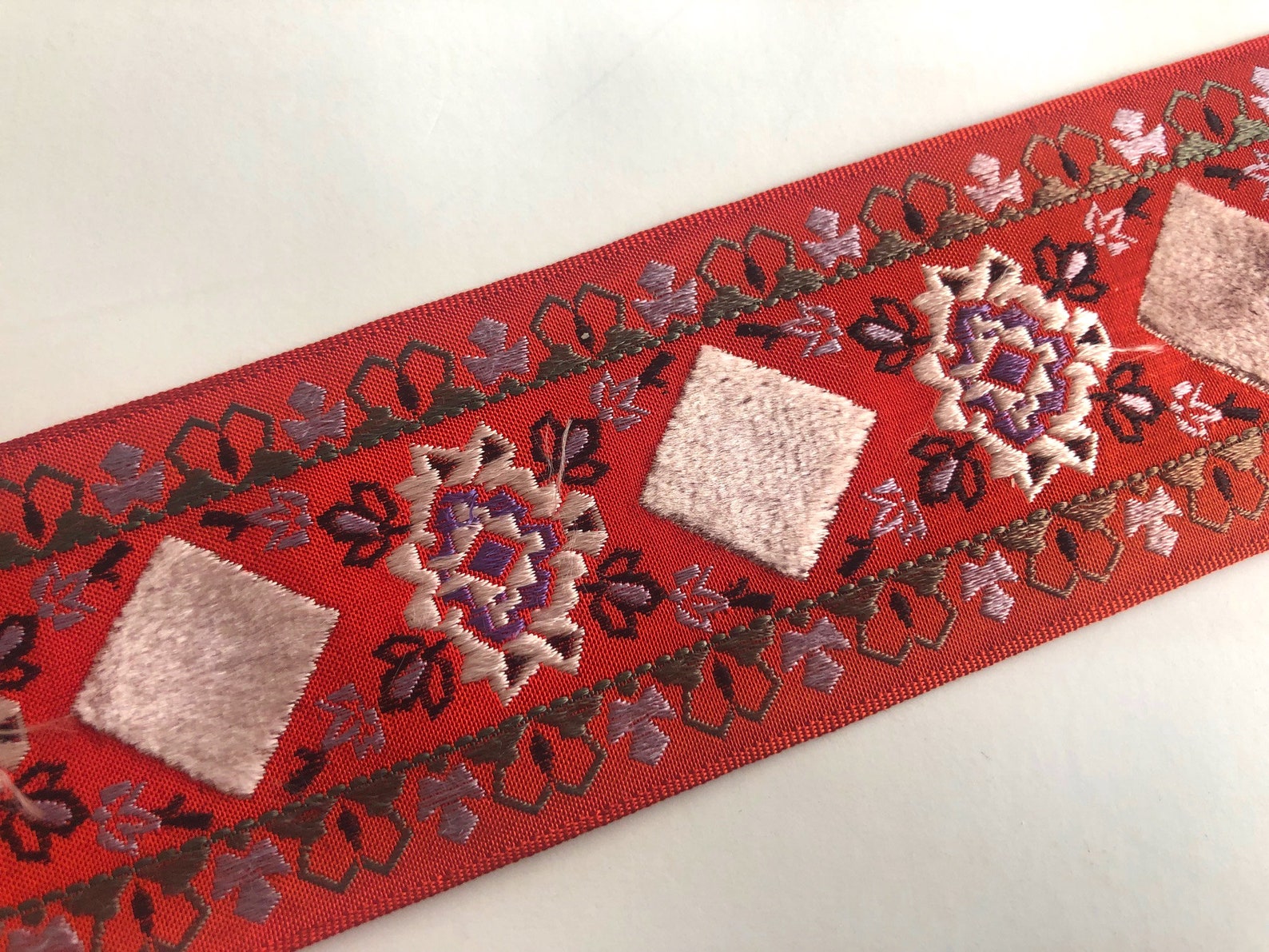 Vintage Embroidered Red Ribbon with White Silk Velvet detail Etsy