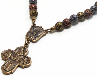 Rosary Style Necklace - Cross Necklaces for Men - Mixed Color Beads Gold Silver and Copper