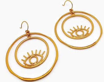 Chunky Hoop Earrings  Evil Eye Hammered Gold Hoop Earrings