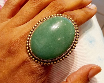 Chunky Rings Silver or Gold Large Rings Women w/ Green Aventurine Oversized Oval Stone