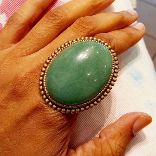 Chunky Rings Silver or Gold Large Rings Women w/ Green Aventurine Oversized Oval Stone