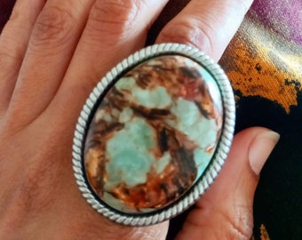 Large Stone Rings for Women Silver w/ Chunky Oversized Turquoise Bronzite