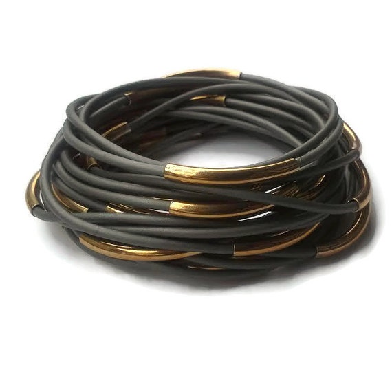 Boho Bracelet Set of Stacking Bracelets for Women Gray Rubber Stackable Bangles 80s Jewelry