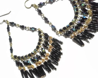 Black Fringe Earrings Beaded Triangle Hoop Earrings