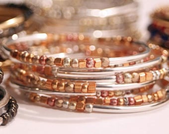 Bangle Bracelets for Women Rose Gold & Silver Beaded Bracelet Set Boho