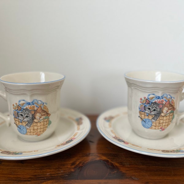 Tienshan Stoneware Purrfect Friends set of two teacups and saucers