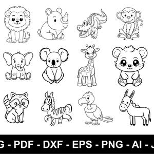 Animaux de safari contour Svg, Svg animal mignon de la jungle africaine, fichier coupé, Silhouette, tigre lion hippopotame girafe zèbre singe zoo savane enfants bébé