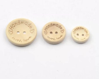 10 Wooden buttons inscribed - 'Handmade with love'