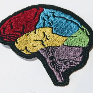 May include: A colourful embroidered patch shaped like a brain. The brain is divided into sections of red, yellow, blue, green, and purple.