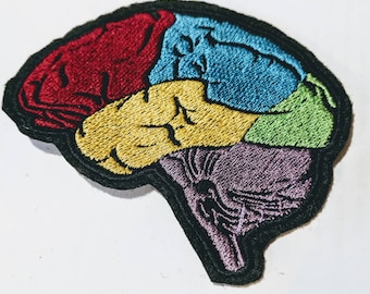 May include: A colourful embroidered patch shaped like a brain. The brain is divided into sections of red, yellow, blue, green, and purple.