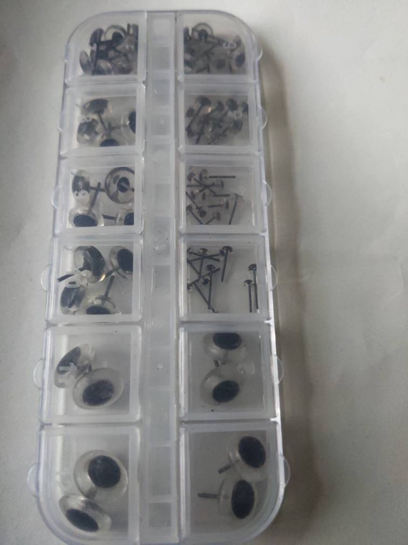 Box of mixed sizes glass pin eyes sizes 3mm 12mm total of 70 eyes choose from black brown clear green or blue or mix image 6