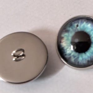 May include: A pair of silver-toned buttons with a blue eye design. The button on the left is a plain silver button with a loop for sewing. The button on the right has a blue eye design with a black pupil and white highlights.