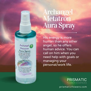 May include: A clear spray bottle labeled "Archangel Metatron Aura Spray" with a teal cap and a white spray nozzle. The bottle has text describing its use for managing personal and work life. The background is a gradient of pink, purple, and green.
