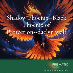 May include: A digital illustration of a phoenix with dark blue feathers and vibrant orange wings, featuring the text: Shadow Phoenix--Black Phoenix of Protection--daelyn wolf. The bottom includes the text: PRISMATIC ACADEMY prismaticacademy.com.