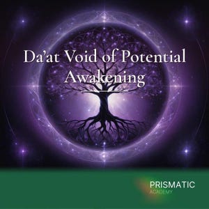 Può includere: Un grafico circolare viola che presenta un albero centrale con radici e rami visibili, circondato da una luce brillante. Il testo Da'at Void of Potential Awakening è centrato. Una barra verde nella parte inferiore mostra PRISMATIC ACADEMY.