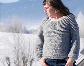 CROCHET PATTERN, "Vercors" sweater with textured yoke, seamless top down jumper