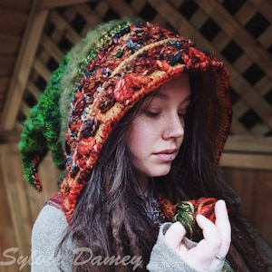 May include: A woman wearing a colourful crocheted hooded hat with a long, flowing braid. The hat has a unique, pointed design and is made with a variety of textures and colours.