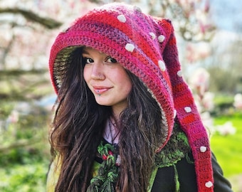 CROCHET mushroom hood PATTERN, &quot;Amanite&quot; toadstool hat with moss capelet, PDF download