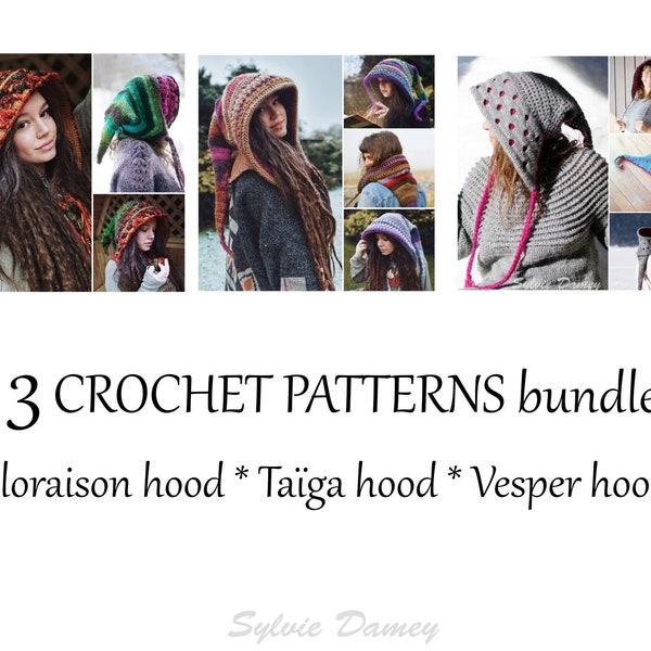 3 CROCHET elf hoods PATTERNS in PDF, pixie fairy hats for adults and kids: Taïga, Floraison & Vesper