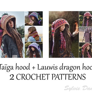 2 CROCHET elf hoods PATTERNS in PDF, Taïga & Lauwis Dragon hoods, pixie fairy hats for adults and kids image 1