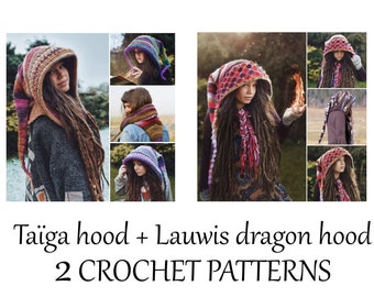 2 CROCHET elf hoods PATTERNS in PDF, Taïga & Lauwis Dragon hoods, pixie fairy hats for adults and kids