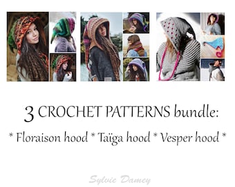 3 CROCHET elf hoods PATTERNS in PDF, pixie fairy hats for adults and kids: Taïga, Floraison & Vesper