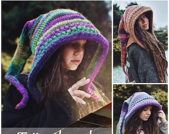 CROCHET PATTERN, fairy elf hood, "Taïga" pixie hood crochet tutorial in PDF