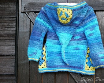 CROCHET PATTERN for boys and girls kids elf hooded cardigan, sweater coat hoodie size 2T to 8 year old - Ermeline