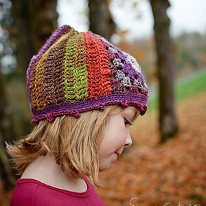 May include: A colorful crocheted hat with a striped pattern in shades of brown, green, orange, and purple. The hat has a scalloped edge and a textured stitch.