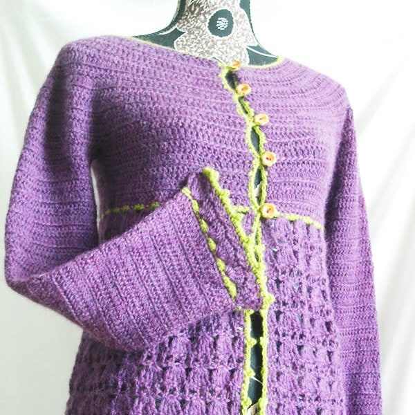 Patron de crochet Gilet Ombeline en PDF, cardigan femme en tailles XS à XL avec dentelle et picots - Crochet facile sans coutures