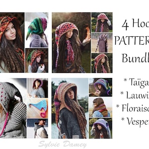 4 CROCHET elf hoods PATTERNS in PDF, Taïga, Lauwis Dragon, Floraison & Vesper hoods, pixie fairy hats for adults and kids