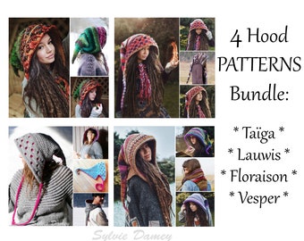 4 CROCHET elf hoods PATTERNS in PDF, Taïga, Lauwis Dragon, Floraison & Vesper hoods, pixie fairy hats for adults and kids