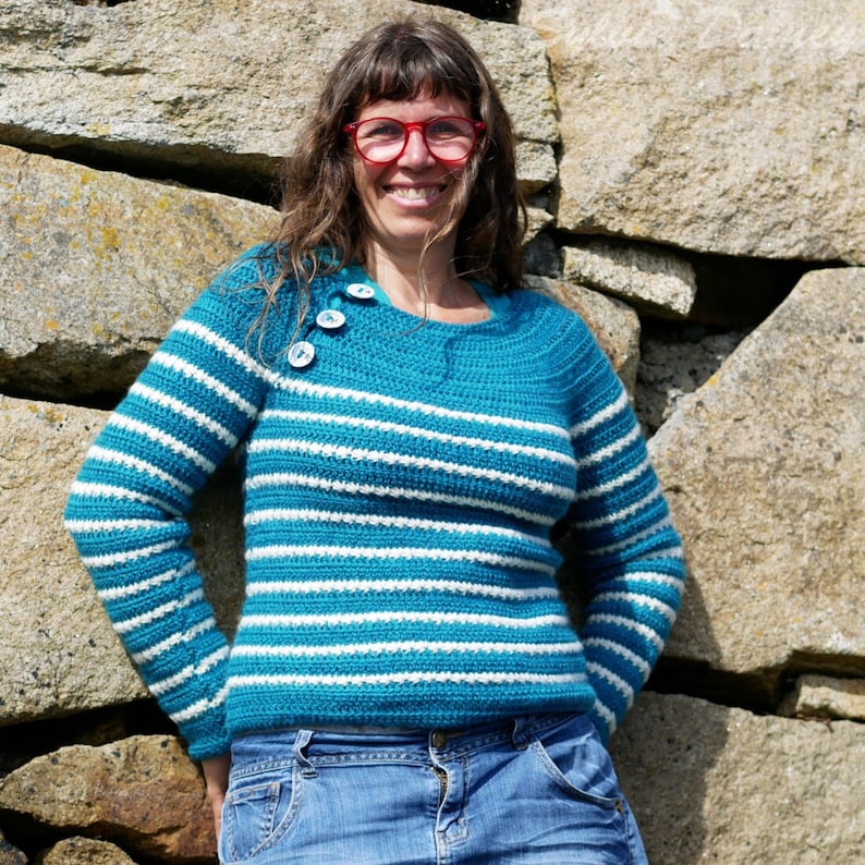 Crochet pattern for women's mariniere sweater - Marin d'Odouce sweater - Pdf tutorial to make striped mariniere-style sweater for women image 1