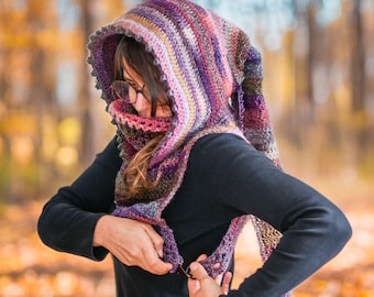 CROCHET hood and cowl PATTERN, &quot;Polaire&quot; hood with asymetric huntress cowl, PDF download