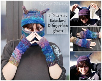 Lot of 2 CROCHET PATTERNS balaclava and fingerless gloves,  "jumi", hood with horns, devil hat, crochet tutorial in PDF