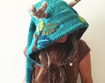 CROCHET hood PATTERN, "Inner Forest" hood with antlers, Pdf download