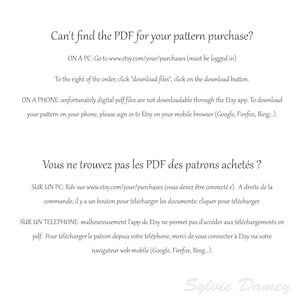 May include: Text on a white background explaining how to find a PDF pattern purchase on Etsy.com. The text is in both English and French.