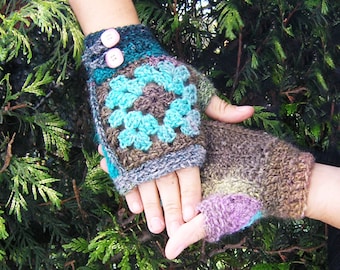 CROCHET PATTERN - Granny mitts - Tutorial in PDF to crochet granny square fingerless gloves with Noro Silk Garden yarn