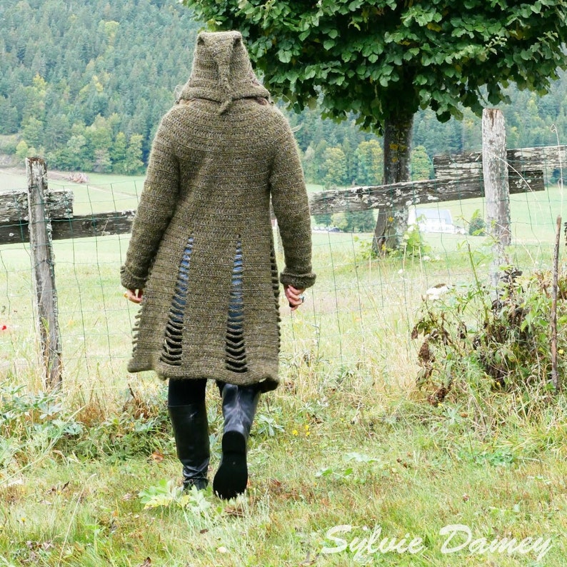 Open Spaces coat Crochet pattern PDF to make a women's coat with optionnal long hood Sizes XS to XL image 1