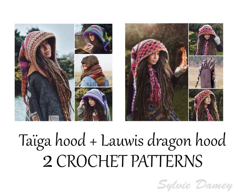 2 CROCHET elf hoods PATTERNS in PDF, Taïga & Lauwis Dragon hoods, pixie fairy hats for adults and kids image 1