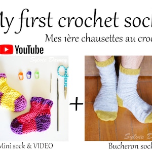 Peut inclure: Deux paires de chaussettes au crochet, une paire est une mini chaussette en jaune, violet et rose, l'autre paire est une chaussette plus grande en gris et jaune. L'image comprend le texte "My first crochet socks" et "Mes 1ère chausettes au crochet".