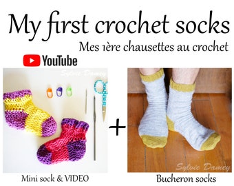Lot of 2 CROCHET sock PATTERNS in pdf, with full video tutorial for beginners
