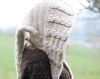 CROCHET PATTERN, fairy elf celtic "Brocéliande" hood with cables,  fairy witch hat, PDF pattern download