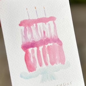 Verjaardagskaart aquarel pastel roze cake, leuke handgeschilderde wenskaart, gelukkige verjaardag dochter zoon cadeau familie verjaardagskaart