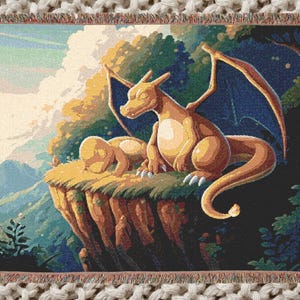 Glurak & Glumanda Gewebte Decke – Cottagecore Berglandschaft – Gemütlicher Naturkern Ästhetischer Überwurf – Geschenk für Fantasy Fans