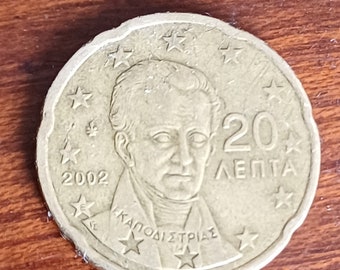 Moneda griega vintage rara de 20 céntimos de euro 2002, con letra E