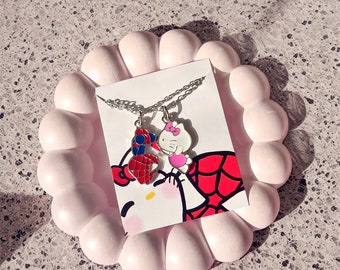 Spider Hello Kitty Couple Necklace, Spider Kissing Kitty Necklace, Lover Necklace, Friendship Necklaces, Valentines Gift idea