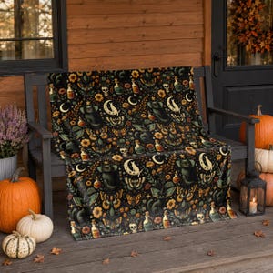 Witchy Black Cat Velveteen Plush Blanket, Celestial Halloween Throw with Potions and Moths